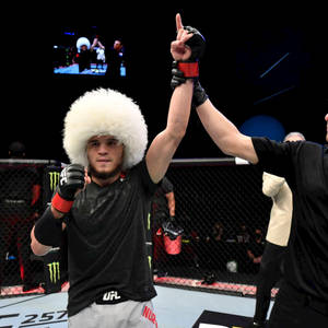 戴白色毛帽的UFC拳手在裁判舉臂下慶祝勝利。 — 終極格鬥冠軍賽 壁紙