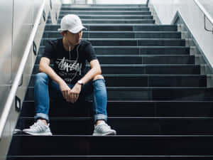 年輕男子坐在地鐵樓梯上，戴著鴨舌帽和耳機 — 孤獨男孩 壁紙