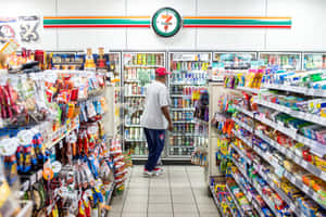 戴紅帽男子在7-Eleven零食通道購物 — 7-ELEVEN 壁紙