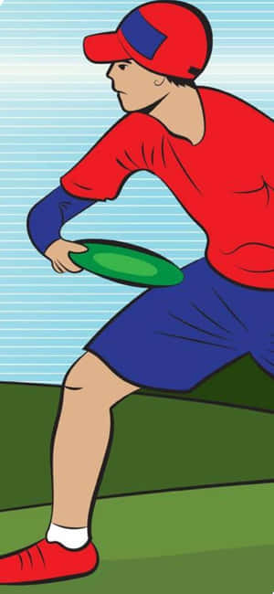 戴紅帽穿紅衫的年輕男子蹲下投擲綠色飛盤。 — 運動 壁紙