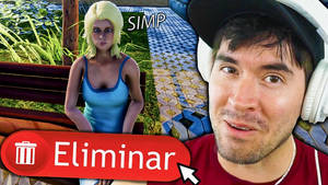 戴耳機的男子對帶有'SIMP'文字和'Eliminar'按鈕的電玩場景做出反應。 — 電玩遊戲 GIF 壁紙
