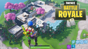 Fortnite Battle Royale玩家俯瞰著一座有粉紅色樹木和游泳池的別墅。 — 創意 壁紙