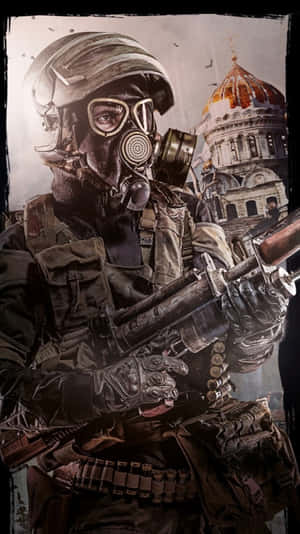 戴防毒面具的士兵在反烏托邦場景中於圓頂大教堂附近持步槍 — 電玩遊戲 GIF 壁紙
