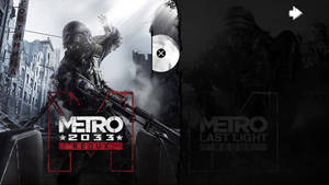 戴防毒面具的士兵在廢墟城市中持步槍，帶有 'Metro 2033 Redux' 標誌。 — 電玩遊戲 GIF 壁紙