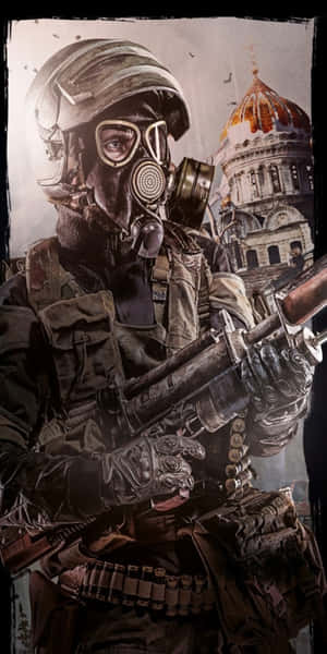 戴防毒面具的士兵在受損大教堂附近手持步槍 — 電玩遊戲 GIF 壁紙