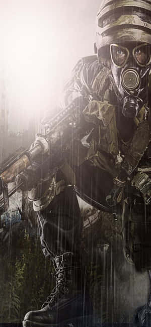 戴防毒面具的士兵在雨中戰鬥場景中持步槍。 — 電玩遊戲 GIF 壁紙