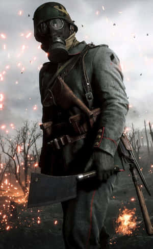 戴防毒面具的士兵在戰場火焰和煙霧中手持斧頭。 — 電玩遊戲 GIF 壁紙
