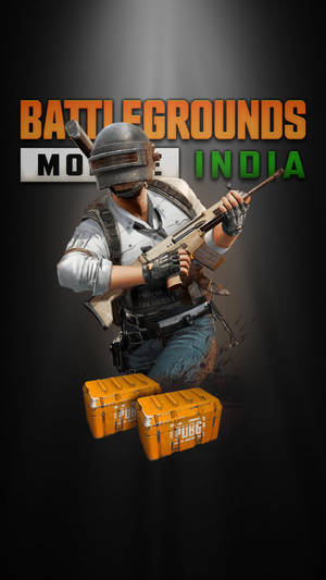 在PUBG Mobile India遊戲藝術中，士兵手持步槍和橙色補給箱。 — 遊戲玩家標誌 壁紙