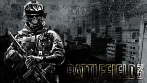 戴著骷髏面具的士兵在戰火摧殘的城市景觀中手持步槍，並帶有 Battlefield 3 標誌。 — 電玩遊戲 GIF 壁紙