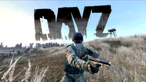身穿迷彩服的士兵在草地上用手槍瞄準，背景有 DAYZ 標誌。 — 電玩遊戲 GIF 壁紙
