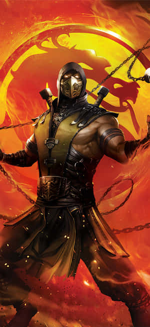 身穿黑色盔甲的Mortal Kombat戰士在熾熱背景中揮舞鎖鏈。 — iPhone 18 Pro Max 壁紙