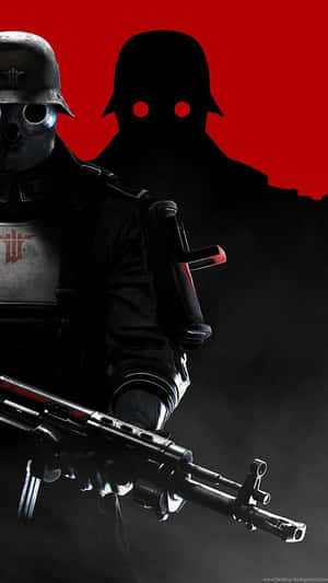 一名拿著步槍的士兵站在一個發光眼睛的陰影前面，背景是紅色。 — 昏暗 壁紙