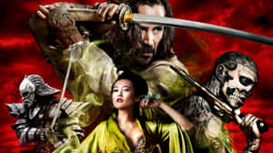 武士戰士、綠袍女子、骷髏臉刺客和盔甲武士在火紅場景中。 — 玩命關頭 壁紙