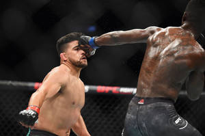 兩名MMA拳手在八角籠中，一人向另一人面部出拳。 — 終極格鬥冠軍賽 壁紙