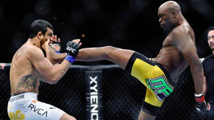 兩名MMA拳手在UFC八角籠內交戰，其中一人踢出高踢。 — 終極格鬥冠軍賽 壁紙