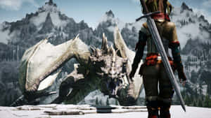 持劍戰士在雪山中對抗巨型白龍。 — 上古卷軸 壁紙