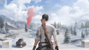 持步槍的士兵俯瞰白雪覆蓋的山脈，伴有紅色煙霧信號 — 雪景 GIF 壁紙