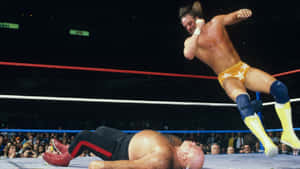 摔角手在擂台上對對手執行飛身動作，觀眾歡呼。 — WWE GIF 壁紙