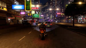 機車騎士在夜晚沿著霓虹燈照亮的城市街道行駛。 — 電玩遊戲 GIF 壁紙