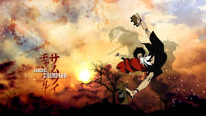 武士在半空中躍起，背景是日落天空，有漂浮的武器和風格化的雲朵。 — 混沌武士 壁紙
