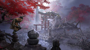武士戰士在紅色秋葉下的神社門口面對巨型蜘蛛怪物。 — 隻狼 壁紙