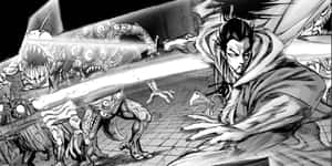 武士戰士在漫畫場景中用劍與怪獸戰鬥。 — 動漫戰鬥 壁紙