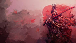 武士持劍，背景為紅色楓葉和天空。 — 隻狼 壁紙
