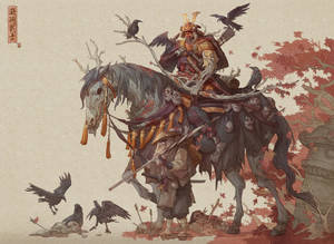 武士騎骷髏馬，烏鴉和頭骨，秋季場景 — 混沌武士 壁紙