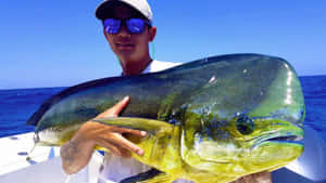 漁夫在公海的船上捧著一條巨大的鬼頭刀魚。 — 魚 GIF 壁紙