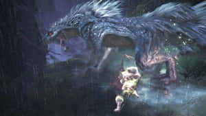 獵人在雨夜森林中與巨龍戰鬥 — 魔物獵人 壁紙