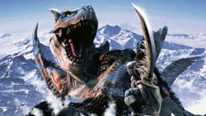 獵人在山區地形與巨型雪怪戰鬥 — 魔物獵人 壁紙