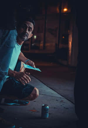 一名男子在夜晚的人行道上跪下，在啤酒罐旁手持傳單。 — 深色手機 壁紙