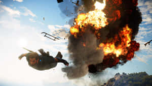 爆炸後男子從天空墜落，碎片飛揚 — 電玩遊戲 GIF 壁紙