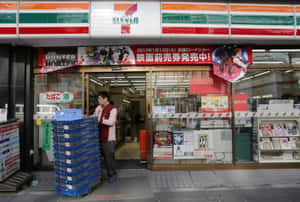 男子在日本便利商店外堆疊藍色板條箱，商店貼有動畫海報。 — 7-ELEVEN 壁紙