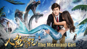 男子擁抱美人魚，三條龍頭從海浪中升起。 — 美人魚 壁紙