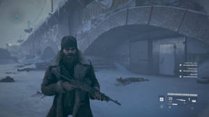 一名手持步槍的士兵站在積雪的廢墟城市中。 — 電玩遊戲 GIF 壁紙