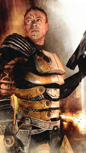 一名身穿戰鬥盔甲的士兵在火焰中手持武器。 — 洛克人 壁紙