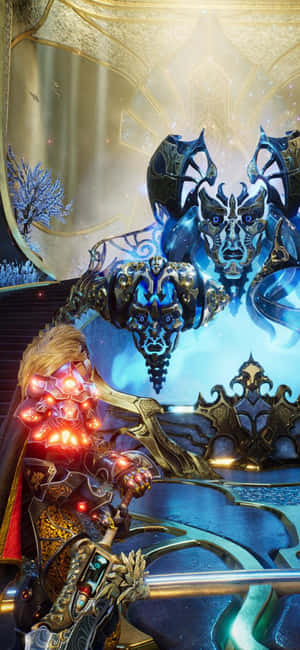 發光裝甲戰士在金色大教堂中對抗藍色水晶惡魔。 — 電玩遊戲 GIF 壁紙