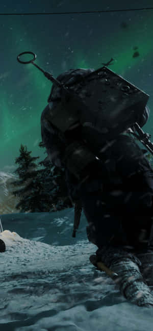 穿著冬季裝備的士兵跪在雪地上，背景是綠色北極光。 — 電玩遊戲 GIF 壁紙