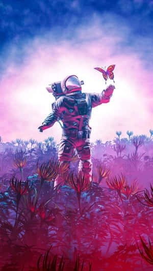 穿著太空衣的太空人在有發光植物的外星景觀中伸手觸碰蝴蝶。 — 遊戲人生 壁紙