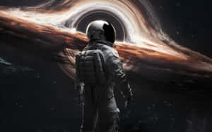 太空人在外太空面對一個帶有發光吸積盤的黑洞。 — 宇宙美學 壁紙
