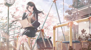 穿著校服的動漫女孩坐在櫻花下的鞦韆上。 — 山坡 壁紙