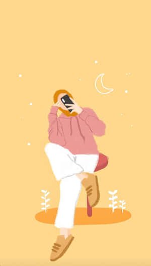 穿粉紅色連帽衫的人在新月下坐在紅色凳子上自拍。 — 乾淨 壁紙