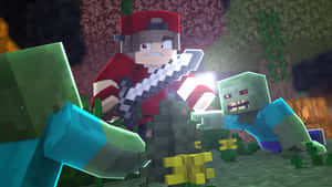 Minecraft玩家在森林中用發光劍與殭屍戰鬥 — 我的世界 壁紙