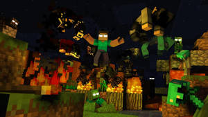 Minecraft玩家在夜間像素世界中跳過殭屍和苦力怕。 — 電玩遊戲 GIF 壁紙