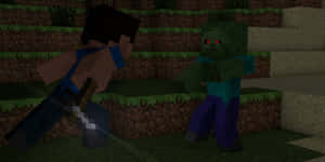 Minecraft玩家在草坡上與殭屍戰鬥的黃昏場景。 — 我的世界苦力怕 壁紙