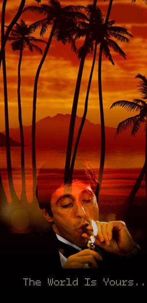 穿著西裝的男子在熱帶日落中點燃香煙，旁邊有棕櫚樹。 — 世界是你的 壁紙
