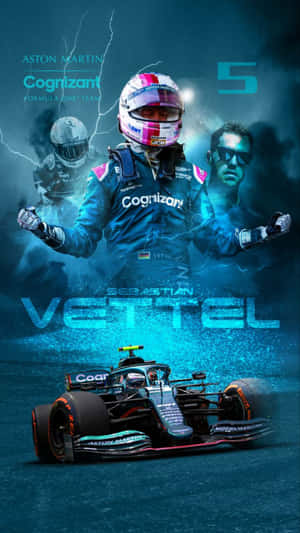 F1車手Sebastian Vettel穿著賽車裝備站在他的Aston Martin Cognizant賽車上方，帶有閃電效果。 — 白色法拉利 壁紙