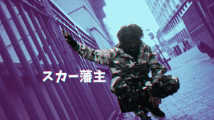 穿著迷彩裝備的人蹲在城市的街道上，帶有故障效果和日文字幕。 — Scarlxrd 壁紙
