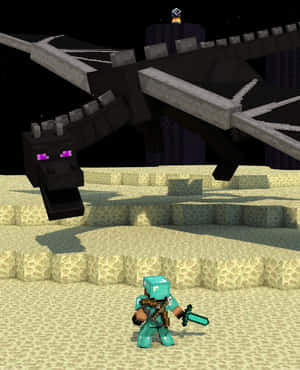 Minecraft玩家手持劍在夜晚對抗一隻巨大的黑龍。 — 我的世界 壁紙